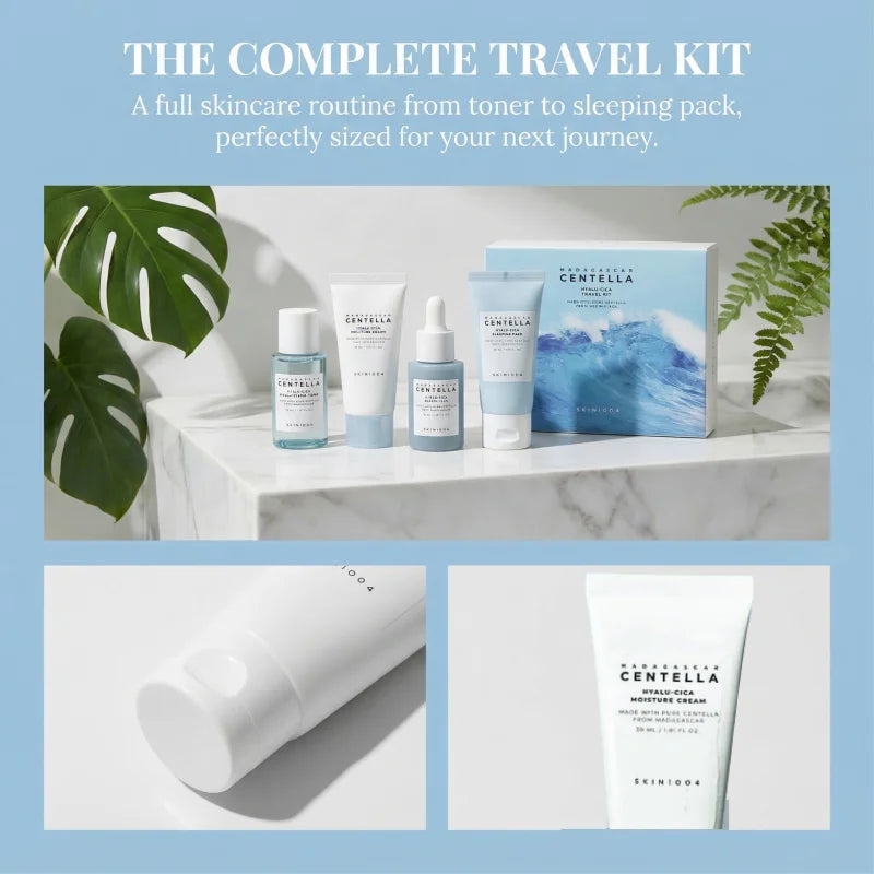 Kit de Viaje Centella y Ácido Hialurónico - 4 Piezas Tónico, Sérum, Crema y Mascarilla Noche