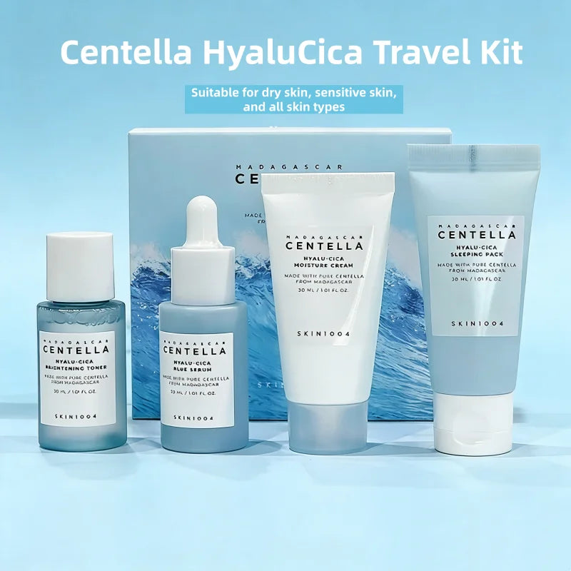 Kit de Viaje Centella y Ácido Hialurónico - 4 Piezas Tónico, Sérum, Crema y Mascarilla Noche