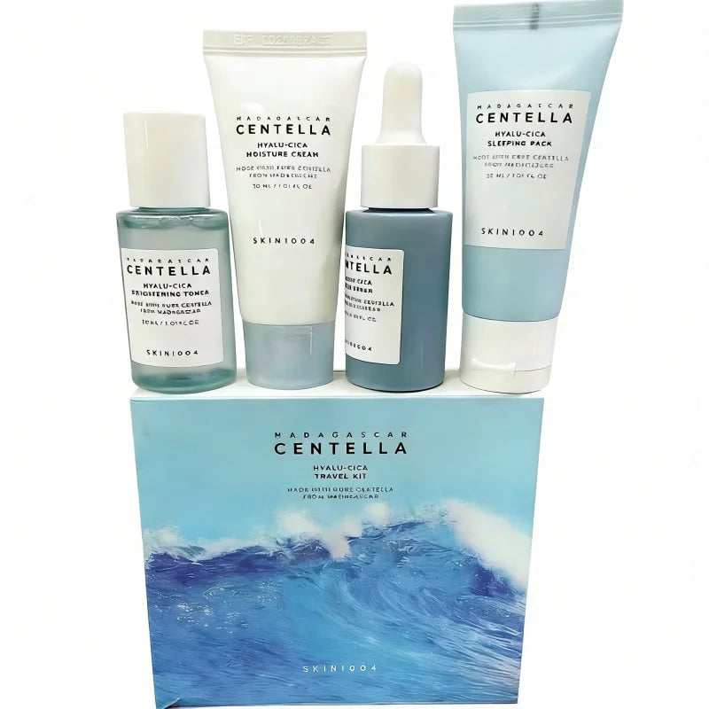 Kit de Viaje Centella y Ácido Hialurónico - 4 Piezas Tónico, Sérum, Crema y Mascarilla Noche