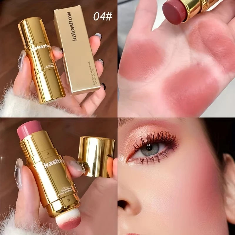 Barra de Rubor Cremoso 2 en 1 con Esponja - Rubor en Barra Larga Duración Acabado Natural para Mejillas y Labios