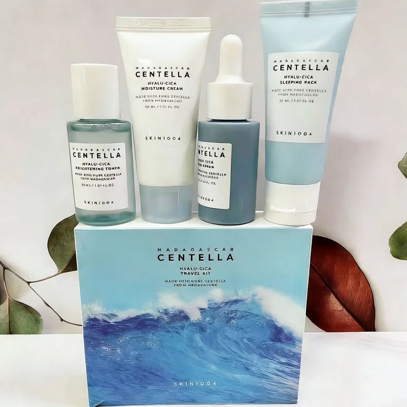 Kit de Viaje Centella y Ácido Hialurónico - 4 Piezas Tónico, Sérum, Crema y Mascarilla Noche
